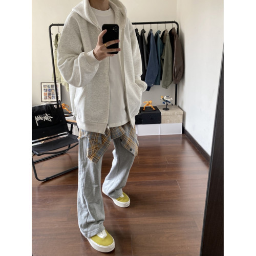 白灰色連帽開衫衛衣男款春秋潮牌高級感美式重磅拉鍊cleanfit外套 白灰色連帽開衫衛衣男款春秋潮牌高級感美式重磅拉鍊cleanfit外套