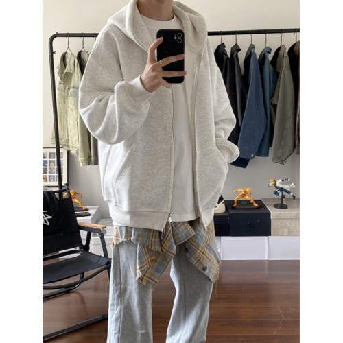 白灰色連帽開衫衛衣男款春秋潮牌高級感美式重磅拉鍊cleanfit外套 白灰色連帽開衫衛衣男款春秋潮牌高級感美式重磅拉鍊cleanfit外套