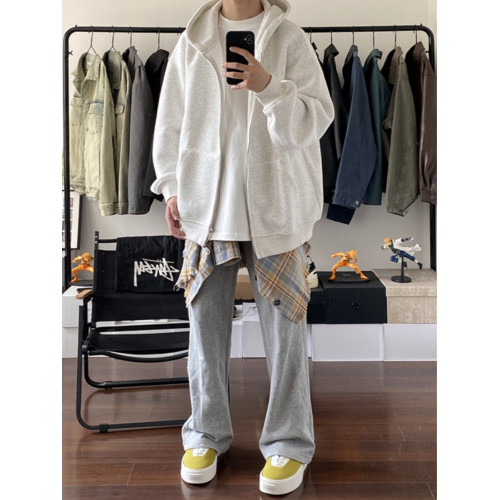 白灰色連帽開衫衛衣男款春秋潮牌高級感美式重磅拉鍊cleanfit外套 白灰色連帽開衫衛衣男款春秋潮牌高級感美式重磅拉鍊cleanfit外套