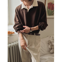 MRCYC復古撞色套頭衛衣男士秋季寬松翻領上衣韓系潮流長袖Polo衫