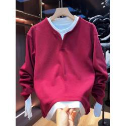 秋冬新款加絨假兩件V領衛衣男士高檔簡約寬松百搭休閒上衣打底衫