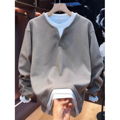 秋冬新款加絨假兩件V領衛衣男士高檔簡約寬松百搭休閒上衣打底衫 秋冬新款加絨假兩件V領衛衣男士高檔簡約寬松百搭休閒上衣打底衫