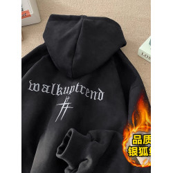 麂皮銀狐絨刺綉衛衣男加絨加厚連帽600g重磅硬挺oversize潮牌外套