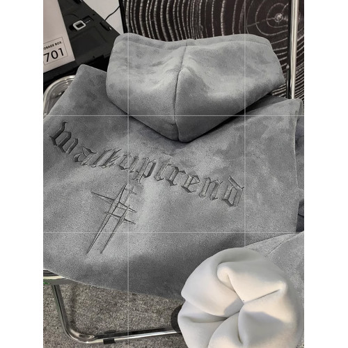 麂皮銀狐絨刺綉衛衣男加絨加厚連帽600g重磅硬挺oversize潮牌外套