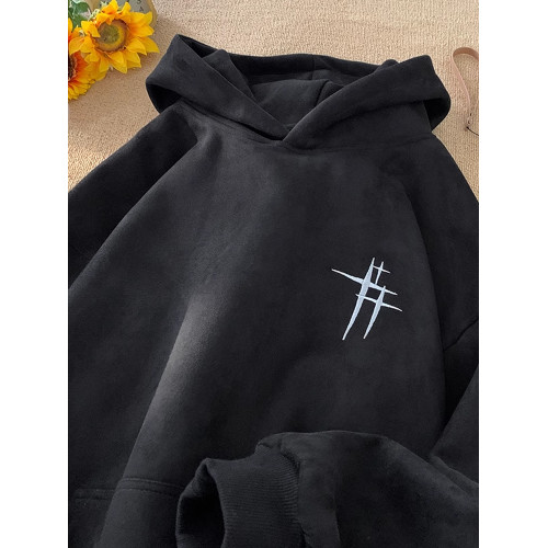 麂皮銀狐絨刺綉衛衣男加絨加厚連帽600g重磅硬挺oversize潮牌外套