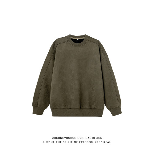 悟空有貨美式復古純色麂皮絨圓領衛衣男潮牌寬松情侶休閒套頭上衣 悟空有貨美式復古純色麂皮絨圓領衛衣男潮牌寬松情侶休閒套頭上衣