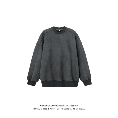 悟空有貨美式復古純色麂皮絨圓領衛衣男潮牌寬松情侶休閒套頭上衣 悟空有貨美式復古純色麂皮絨圓領衛衣男潮牌寬松情侶休閒套頭上衣