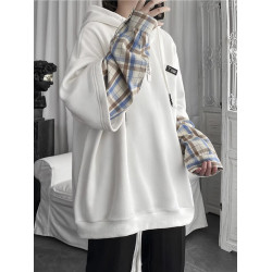 連帽衛衣男秋季潮牌ins假兩件拼接格子上衣港風bf學生慵懶風外套