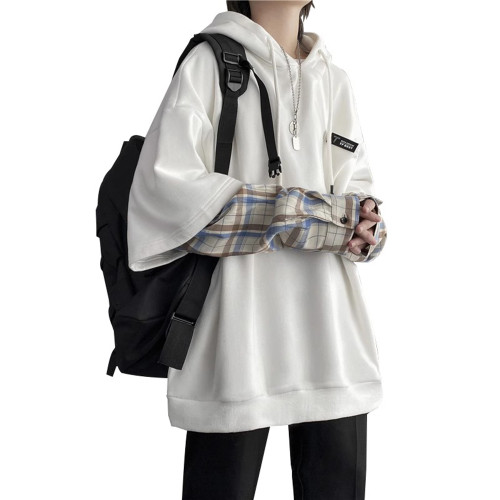 連帽衛衣男秋季潮牌ins假兩件拼接格子上衣港風bf學生慵懶風外套 連帽衛衣男秋季潮牌ins假兩件拼接格子上衣港風bf學生慵懶風外套