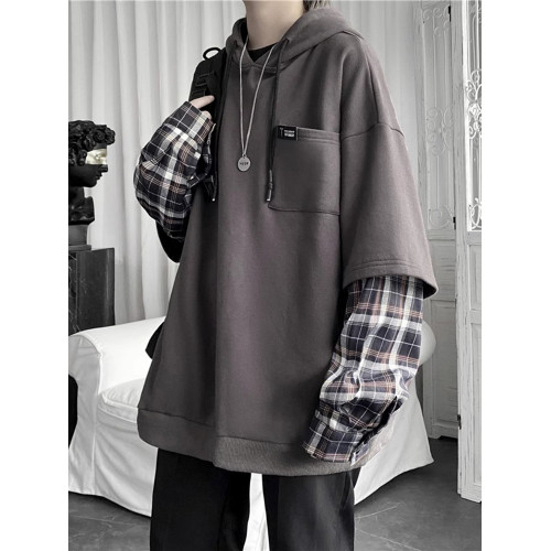 連帽衛衣男秋季潮牌ins假兩件拼接格子上衣港風bf學生慵懶風外套 連帽衛衣男秋季潮牌ins假兩件拼接格子上衣港風bf學生慵懶風外套