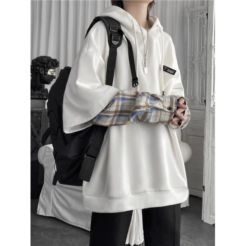 連帽衛衣男秋季潮牌ins假兩件拼接格子上衣港風bf學生慵懶風外套 連帽衛衣男秋季潮牌ins假兩件拼接格子上衣港風bf學生慵懶風外套