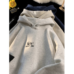 花灰色刺綉重磅衛衣男款美式高街潮流秋冬加絨上衣個性寬松連帽衫