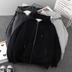 韓系純色男女大碼拉鍊開衫連帽衛衣2021秋冬裝寬松加絨厚保暖外套