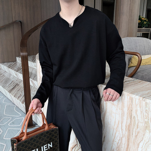 春秋韓版ins網紅V領設計感長袖T恤男寬松純色百搭舒適打底衫內搭