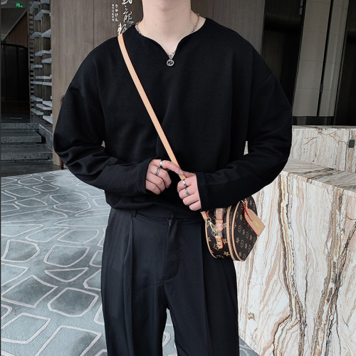 春秋韓版ins網紅V領設計感長袖T恤男寬松純色百搭舒適打底衫內搭