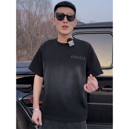 網紅同款小衫夏季漸變做舊純棉短袖t恤男半截袖潮流百搭情侶短袖t