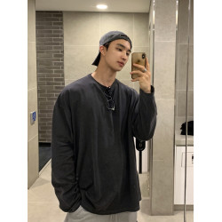 碧捨男士秋冬純色打底衫韓版潮流寬松T恤灰色做舊百搭ins休閒上衣