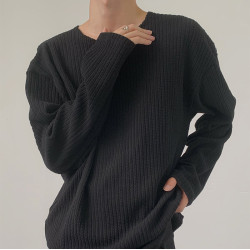 慵懶風針織質感t恤男軟糯透氣寬松長袖上衣高級感內搭坑條打底衫