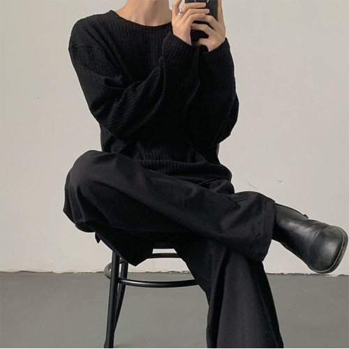 慵懶風針織質感t恤男軟糯透氣寬松長袖上衣高級感內搭坑條打底衫