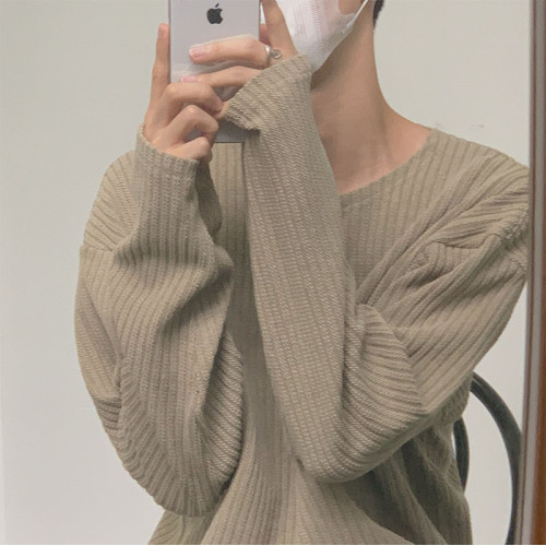 慵懶風針織質感t恤男軟糯透氣寬松長袖上衣高級感內搭坑條打底衫