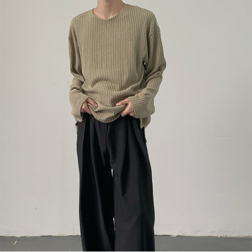 慵懶風針織質感t恤男軟糯透氣寬松長袖上衣高級感內搭坑條打底衫