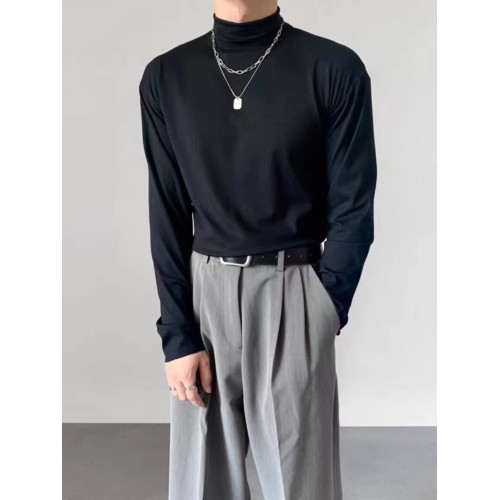 春秋季可翻高領打底衫男德絨堆堆領長袖T恤潮流百搭純色內搭上衣