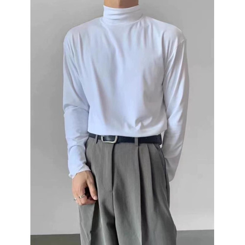 春秋季可翻高領打底衫男德絨堆堆領長袖T恤潮流百搭純色內搭上衣