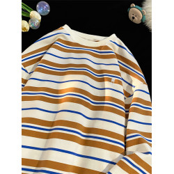 秋季純棉條紋圓領長袖T恤男日系ins復古寬松青少年休閒內搭打底衫