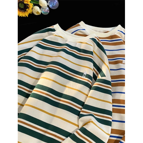 秋季純棉條紋圓領長袖T恤男日系ins復古寬松青少年休閒內搭打底衫