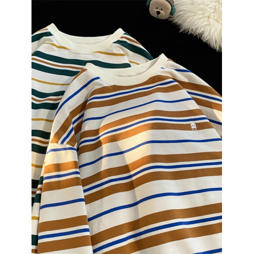 秋季純棉條紋圓領長袖T恤男日系ins復古寬松青少年休閒內搭打底衫