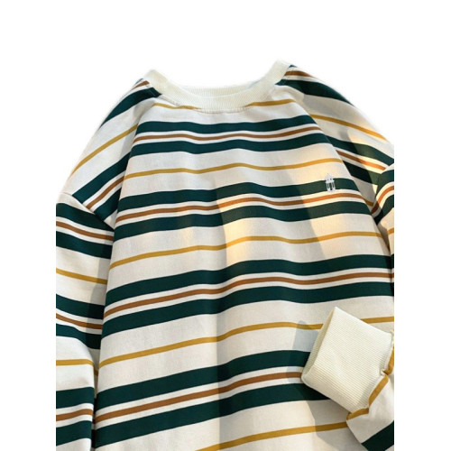 秋季純棉條紋圓領長袖T恤男日系ins復古寬松青少年休閒內搭打底衫