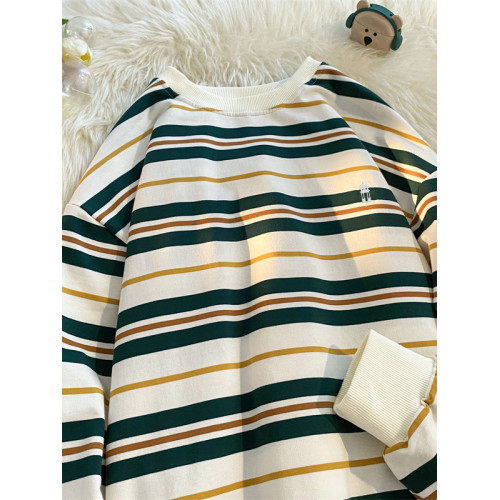 秋季純棉條紋圓領長袖T恤男日系ins復古寬松青少年休閒內搭打底衫