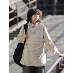 阿於呆 秋冬日系復古條紋高領打底衫男德絨內搭保暖堆堆領長袖T恤