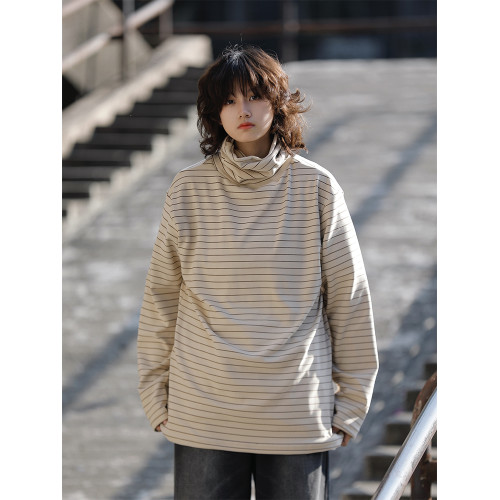 阿於呆 秋冬日系復古條紋高領打底衫男德絨內搭保暖堆堆領長袖T恤
