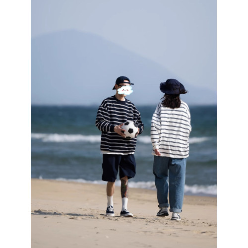 春裝潮牌日系T恤男生條紋衛衣長袖寬松休閒中性ins風慵懶打底衣服