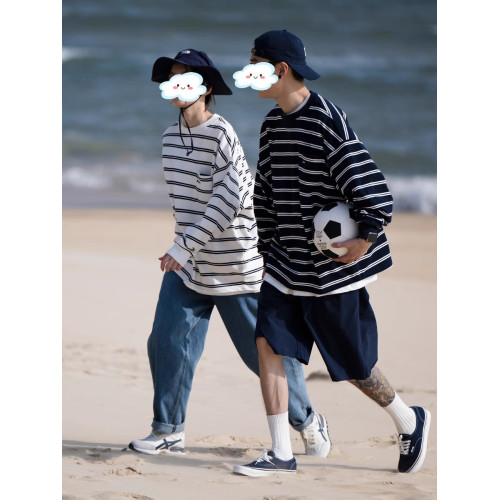 春裝潮牌日系T恤男生條紋衛衣長袖寬松休閒中性ins風慵懶打底衣服