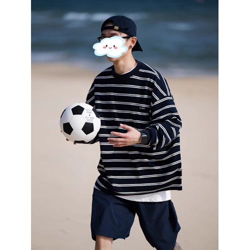 春裝潮牌日系T恤男生條紋衛衣長袖寬松休閒中性ins風慵懶打底衣服