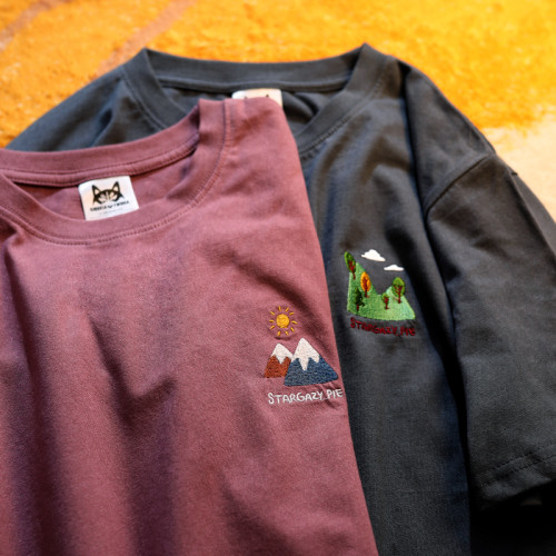 青山如錦雪山如緞 短袖日系刺綉上衣oversize寬松男女簡約t恤情侶