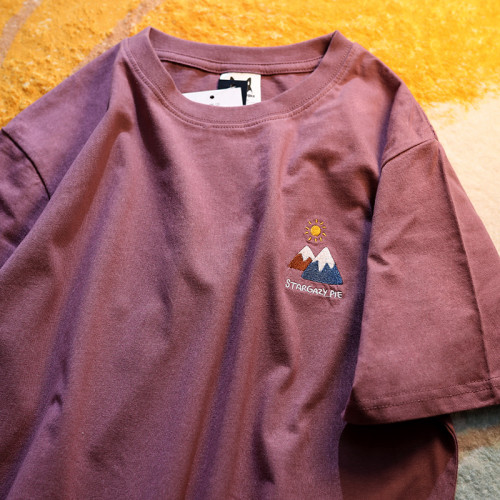 青山如錦雪山如緞 短袖日系刺綉上衣oversize寬松男女簡約t恤情侶