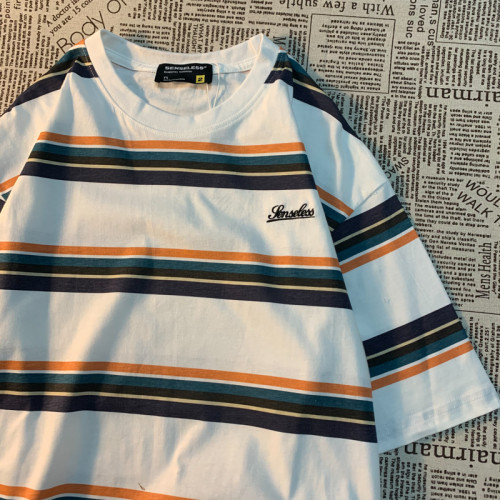 Cmyjn原創 日系復古潮牌條紋短袖t恤男女情侶寬松bf風百搭半袖tee