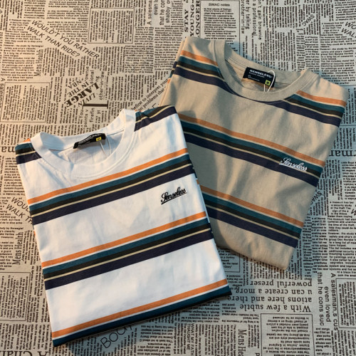 Cmyjn原創 日系復古潮牌條紋短袖t恤男女情侶寬松bf風百搭半袖tee