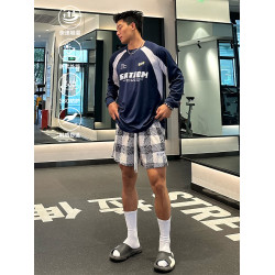 Satjdm美式長袖拼接撞色插肩復古籃球運動訓練T恤健身跑步體育生