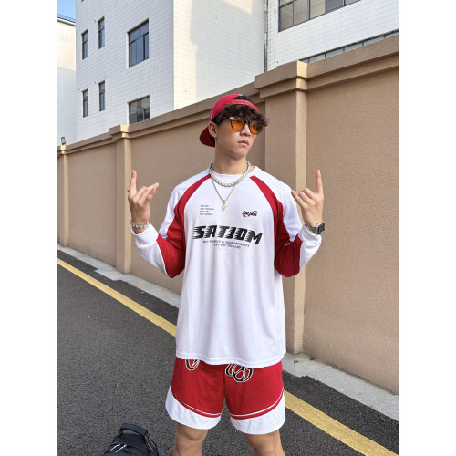 Satjdm美式長袖拼接撞色插肩復古籃球運動訓練T恤健身跑步體育生