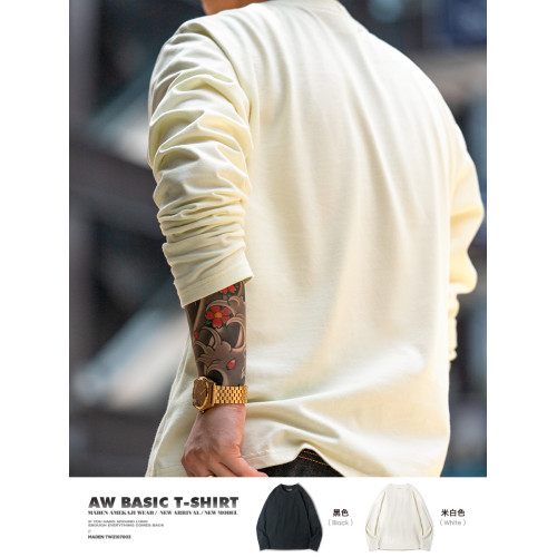 馬登工裝 美式300g純棉重磅長袖T恤白色圓領內搭衛衣打底衫男秋