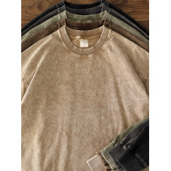 260g重磅蠟染水洗做舊純棉美式復古落肩寬松圓領休閒長袖t恤男秋