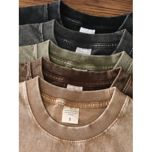 260g重磅蠟染水洗做舊純棉美式復古落肩寬松圓領休閒長袖t恤男秋