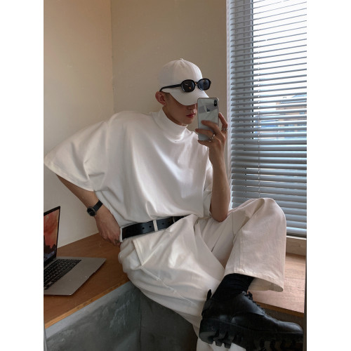 Aurocean 內搭小高領短袖 夏季黑白寬松基礎款字母刺綉T恤