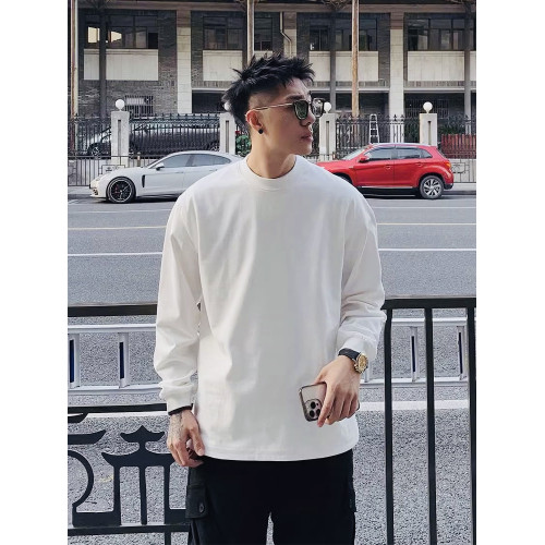 420G重磅純棉美式小領口長袖t恤男春秋季寬松上衣白色內搭打底衫