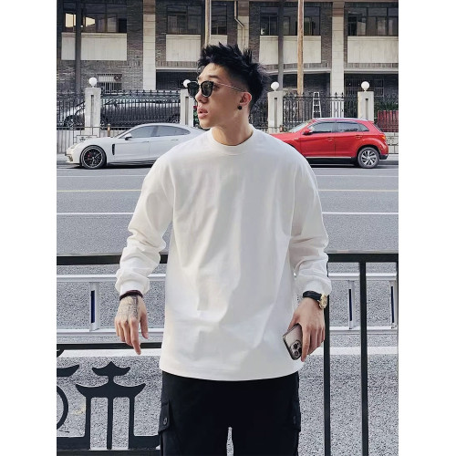 420G重磅純棉美式小領口長袖t恤男春秋季寬松上衣白色內搭打底衫