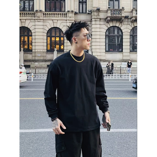 420G重磅純棉美式小領口長袖t恤男春秋季寬松上衣白色內搭打底衫